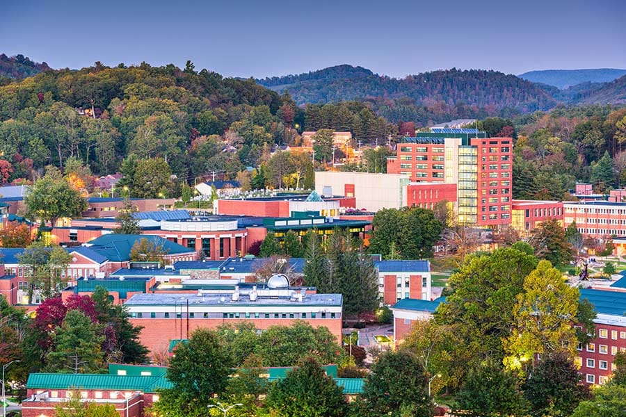 Wake Forest, NC - View of a North Carolina City, USA Campus and Town Skyline